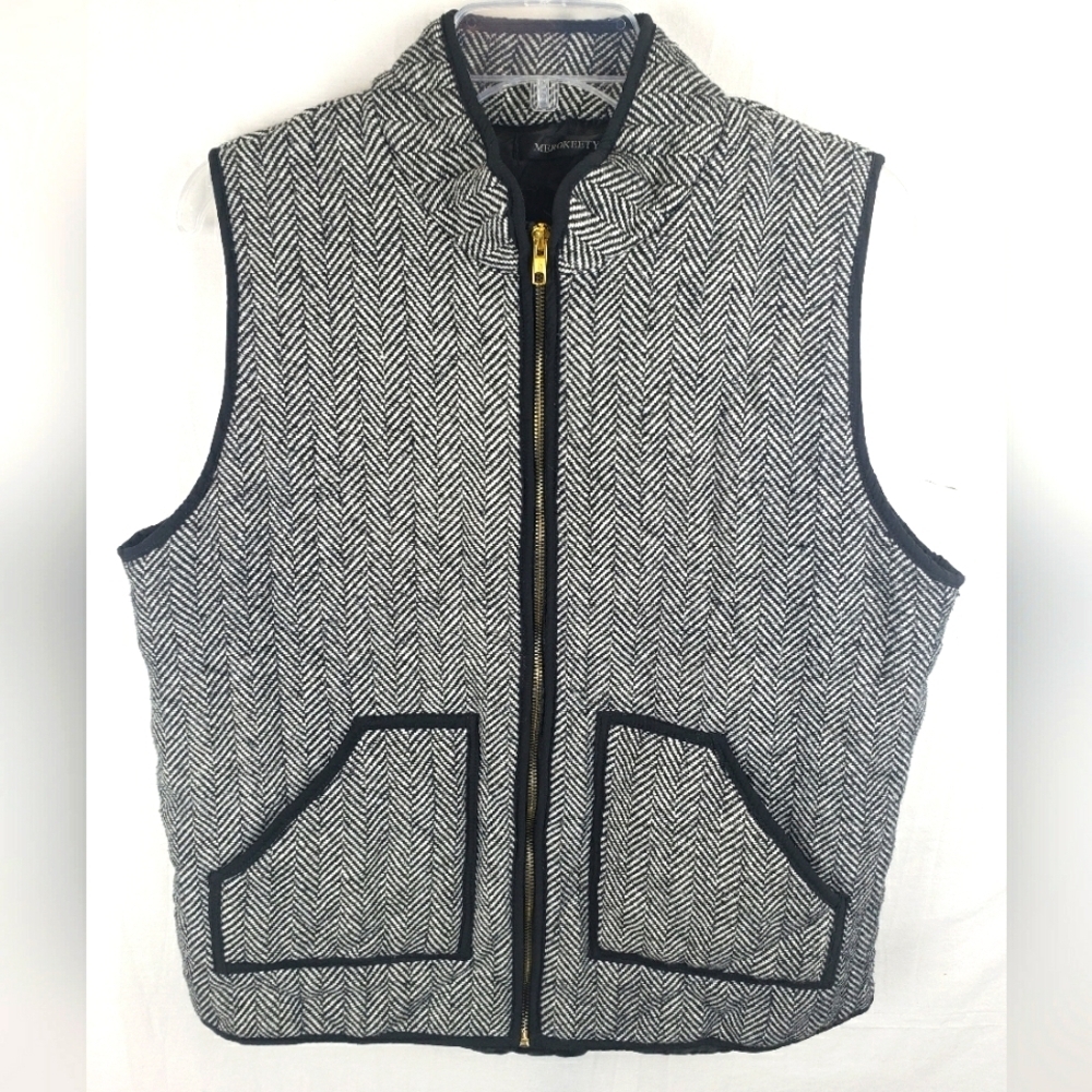 Merokeety Black and White Herringbone Full Zip Vest Sz XL